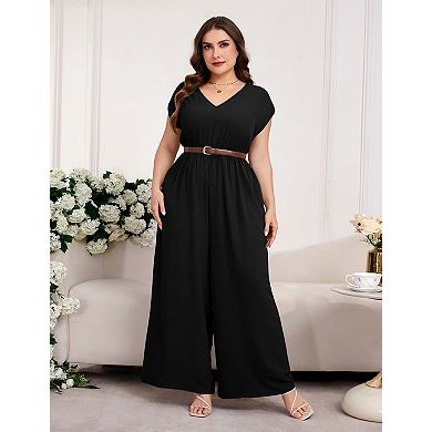 Women's Plus Size V Neck Short Sleeve Casual Fashion Jumpsuit Romper