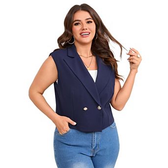 Women's Plus Size V-Neck Double-Breasted Satin Vest Blazer