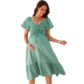 Women's Maternity Midi Dress Summer Ruffle Short Sleeve Blow Knee Dress for Pregnancy