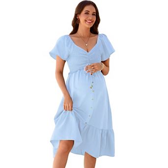 Women's Maternity Midi Dress Summer Ruffle Short Sleeve Blow Knee Dress for Pregnancy