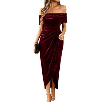 Womens Velvet Wrap Off The Shoulder Dress Side Slit Ruched Cocktail Dress Wedding Party Dresses