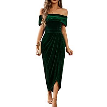 Womens Velvet Wrap Off The Shoulder Dress Side Slit Ruched Cocktail Dress Wedding Party Dresses