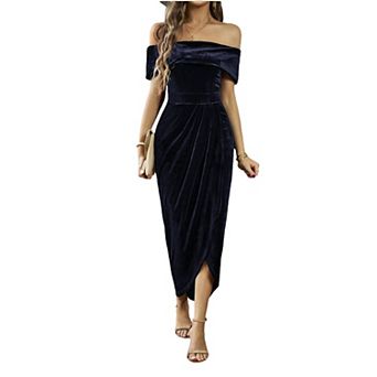 Womens Velvet Wrap Off The Shoulder Dress Side Slit Ruched Cocktail Dress Wedding Party Dresses