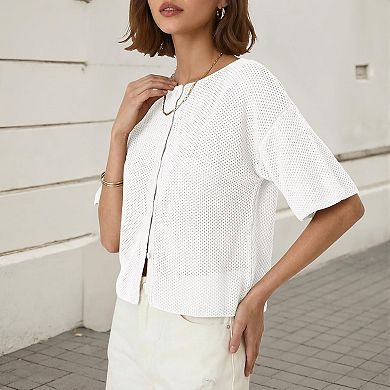 Women's Plus Size Short Sleeves Cardigan Lightweight Button Down Sweater