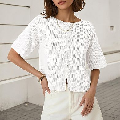 Women's Plus Size Short Sleeves Cardigan Lightweight Button Down Sweater