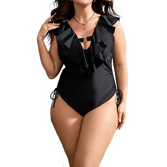 Women Plus Size One Piece Swimsuit Summer Solid Color V Neck Ruffle Tummy Control Bathing Suit