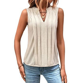 Women's Casual Dressy Loose Fit Shirt Pleated V Neck Sleeveless Blouse Tank Top