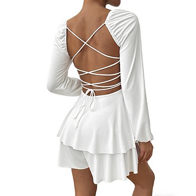Women's Sweetheart Neck Long Sleeve Mini Dress Front Tie Double Layer Ruffle Hem Mini Dress