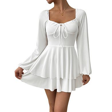 Women's Sweetheart Neck Long Sleeve Mini Dress Front Tie Double Layer Ruffle Hem Mini Dress