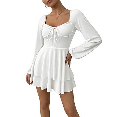 Women's Sweetheart Neck Long Sleeve Mini Dress Front Tie Double Layer Ruffle Hem Mini Dress