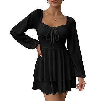 Women's Sweetheart Neck Long Sleeve Mini Dress Front Tie Double Layer Ruffle Hem Mini Dress