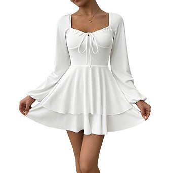 Women's Sweetheart Neck Long Sleeve Mini Dress Front Tie Double Layer Ruffle Hem Mini Dress