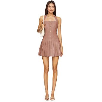 Halter Neck Button Front Pleated Denim Mini Dress