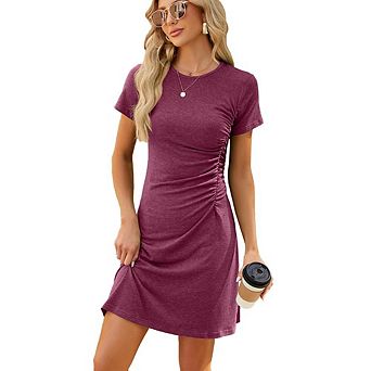 Women's Ruched T-Shirt Dress Summer Bodycon Mini Dress Short Sleeve Wrap Crewneck Fitted Tee Dress