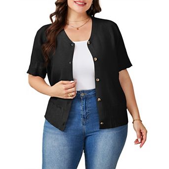 Women's Plus Size Cardigan Short Sleeves V Neck Button Down Sweaters Tops