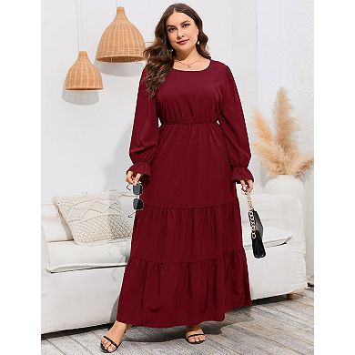 Women's Plus Size Long Sleeve Round Neck with Pockets Midi Dress