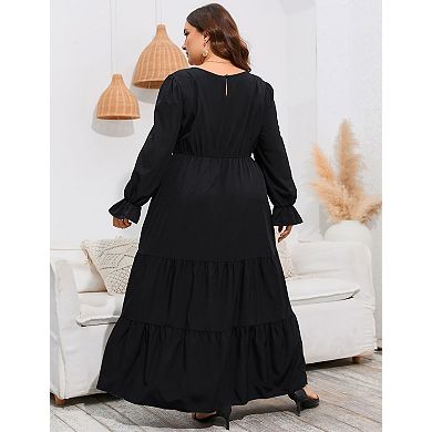Women's Plus Size Long Sleeve Round Neck with Pockets Midi Dress
