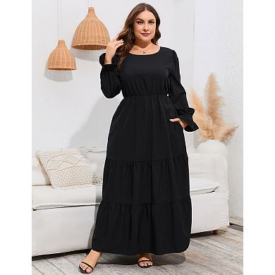 Women's Plus Size Long Sleeve Round Neck with Pockets Midi Dress