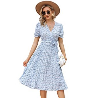 Women's Printed Dress Puff Short Sleeve Pleated Waist Tie Casual Dress