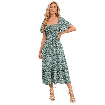 Women's Square Neck Flare Sleeve Printed Dress Ruffle Trim Casual Dress