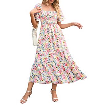 Women's Square Neck Flare Sleeve Printed Dress Ruffle Trim Casual Dress