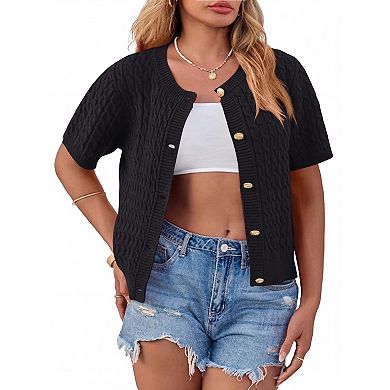 Women's Plus Size Casual Short Sleeve Cardigan with Button Front