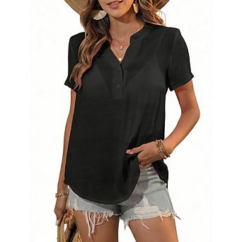 Women's Beach Casual Wear V-Neck Henley Blouse Short Sleeves Button Detail Curved Hem Shirt Top