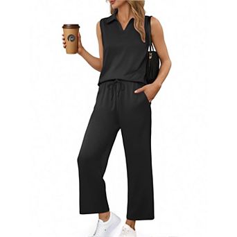 PINSPARK Women's Summer 2 pc Sleeveless V Neck Top & Wide Leg Pants Lounge Matching Travel Set