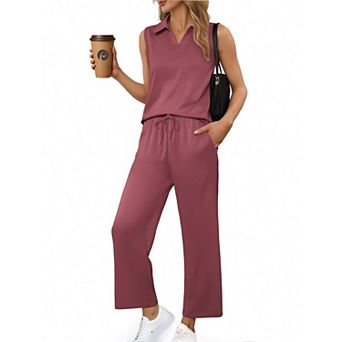 PINSPARK Women's Summer 2 pc Sleeveless V Neck Top & Wide Leg Pants Lounge Matching Travel Set
