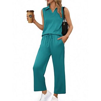 PINSPARK Women's Summer 2 pc Sleeveless V Neck Top & Wide Leg Pants Lounge Matching Travel Set