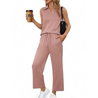 PINSPARK Women's Summer 2 pc Sleeveless V Neck Top & Wide Leg Pants Lounge Matching Travel Set