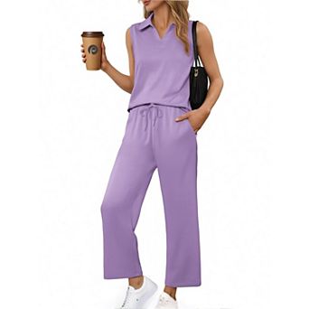 PINSPARK Women's Summer 2 pc Sleeveless V Neck Top & Wide Leg Pants Lounge Matching Travel Set
