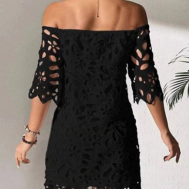 Off Shoulder Short Sleeve Lace Mini Dress