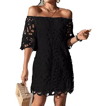 Off Shoulder Short Sleeve Lace Mini Dress