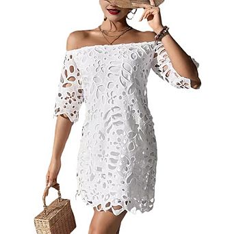 Off Shoulder Short Sleeve Lace Mini Dress