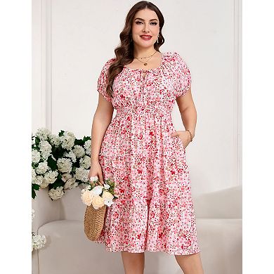 Women's Plus Size Square Neck with Pockets Midi Dress