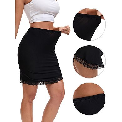 2 Packs Women's Curved Slit Lined Lace Trim Half Slip Modal High Waist Knee Length Underskirt