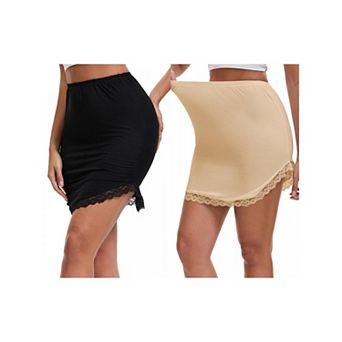 2 Packs Women's Curved Slit Lined Lace Trim Half Slip Modal High Waist Knee Length Underskirt