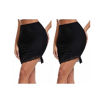 2 Packs Women's Curved Slit Lined Lace Trim Half Slip Modal High Waist Knee Length Underskirt