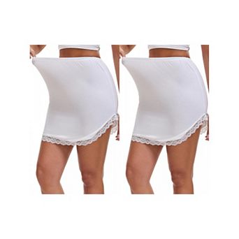 2 Packs Women's Curved Slit Lined Lace Trim Half Slip Modal High Waist Knee Length Underskirt