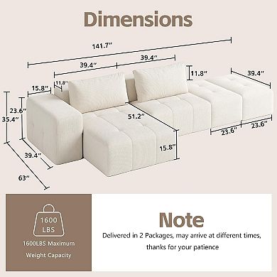 141" Cloud Sectional Couch for Living Room,L Shaped Boneless Modular Sectional Sofa with Deep Seat