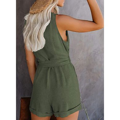Women's Summer Casual Sleeveless Rompers Crewneck Ruffle Cute Jumpsuits