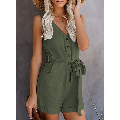 Women's Summer Casual Sleeveless Rompers Crewneck Ruffle Cute Jumpsuits