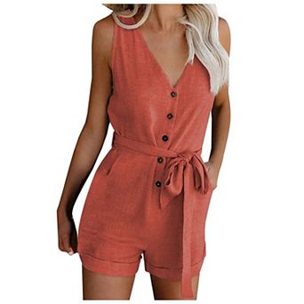 Women's Summer Casual Sleeveless Rompers Crewneck Ruffle Cute Jumpsuits
