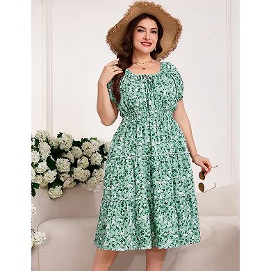 Women's Plus Size Square Neck Midi Dress with Pockets