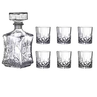 25 oz Stylish Glass Whiskey Decanter Set with Stopper - Includes 6 Glasses (7.4 oz)