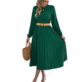 Women's Long Sleeve Pleated Dress Round Neck Vintage Midi with Functional Pockets Casual Style