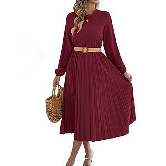 Women's Long Sleeve Pleated Dress Round Neck Vintage Midi with Functional Pockets Casual Style