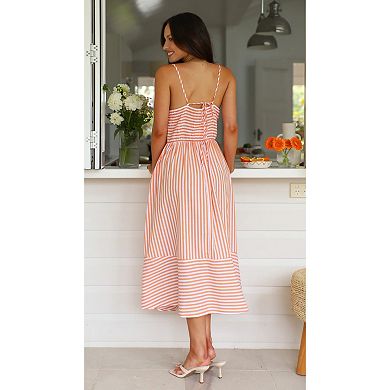 Women's V Neck Beach Dress Casual Sleeveless Striped Long Maxi Summer Dresses