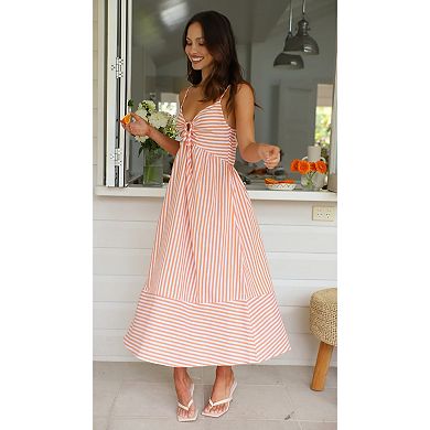 Women's V Neck Beach Dress Casual Sleeveless Striped Long Maxi Summer Dresses